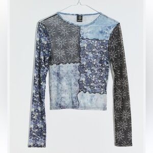 Urban Outfitters Celestial Patchwork Lettuce Edge Mesh Blue Top Sheer 90s Fairy